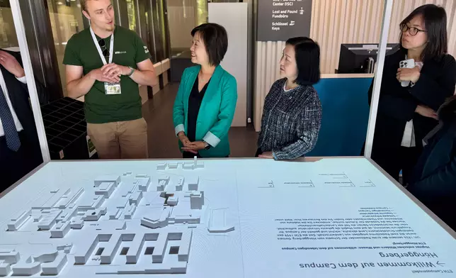 The Secretary for Education, Dr Choi Yuk-lin, together with the delegation of the Working Group on Planning and Construction of the University Town under the Committee on Development of the Northern Metropolis, and representatives from the Alliance of Universities of Applied Sciences, visited Switzerland yesterday (May 21, Zurich time). Photo shows Dr Choi (second left) and the delegation visiting ETH Zurich and being briefed on the campus development layout. Source: HKSAR Government Press Releases