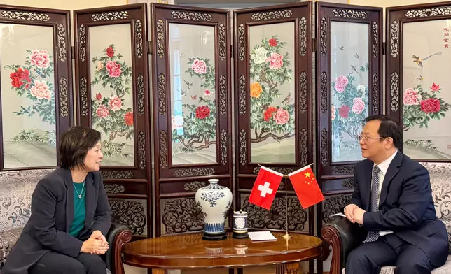 The Secretary for Education, Dr Choi Yuk-lin (left), paid a courtesy call on the Chinese Ambassador to Switzerland, Mr Qian Minjian (right), in Bern, Switzerland, on May 20 (Bern time). Source: HKSAR Government Press Releases