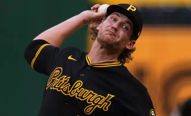 Pittsburgh Pirates pitcher Braxton Ashcraft delivers during the first inning of a baseball game against the Chicago Cubs in Pittsburgh, Tuesday, May 26, 2026. (AP Photo/Gene J. Puskar)