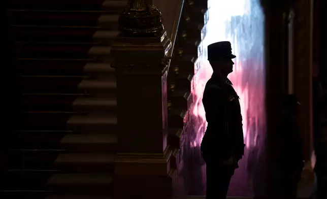 A member of the Hungarian parliament guard wait in the morning before the inauguration ceremony of Prime Minister Peter Magyar in Budapest, Hungary, Saturday, May 9, 2026. (AP Photo/Denes Erdos)