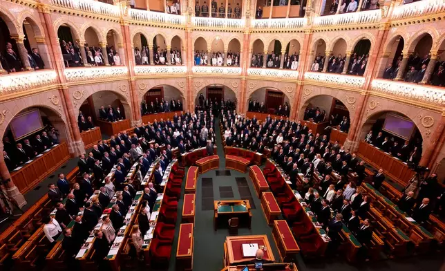 General view of the Hungarian Parliament's main hall during the inauguration ceremony of Prime Minister Peter Magyar in Budapest, Hungary, Saturday, May 9, 2026. (AP Photo/Denes Erdos)