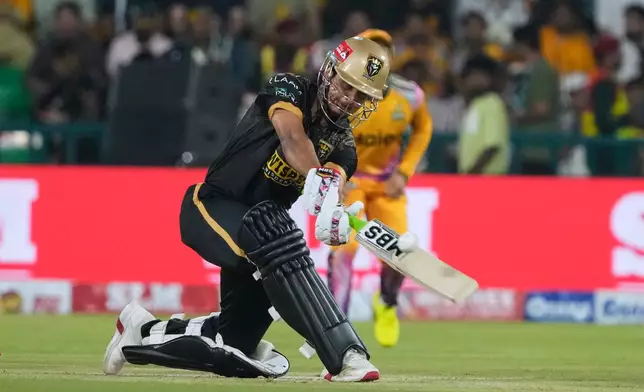 Hyderabad Kingsmen's Saim Ayub plays a shot during the Pakistan Super League final cricket match between Peshawar Zalmi and Hyderabad Kingsmen, in Lahore, Pakistan, Sunday, May 3, 2026. (AP Photo/K.M. Chaudary)