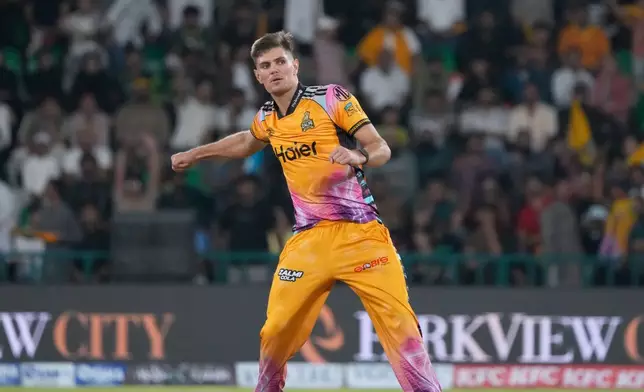 Peshawar Zalmi's Aaron Hardie reacts during the Pakistan Super League final cricket match between Peshawar Zalmi and Hyderabad Kingsmen, in Lahore, Pakistan, Sunday, May 3, 2026. (AP Photo/K.M. Chaudary)