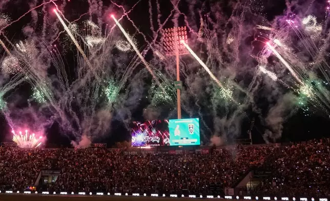 Fireworks explode at the Gaddafi Stadium in a ceremony before start of the Pakistan Super League final cricket match between Peshawar Zalmi and Hyderabad Kingsmen, in Lahore, Pakistan, Sunday, May 3, 2026. (AP Photo/K.M. Chaudary)