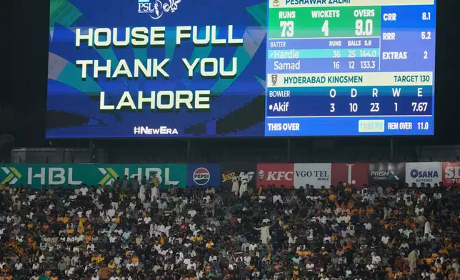 House full massage displays on the big screen during the Pakistan Super League final cricket match between Peshawar Zalmi and Hyderabad Kingsmen, in Lahore, Pakistan, Sunday, May 3, 2026. (AP Photo/K.M. Chaudary)