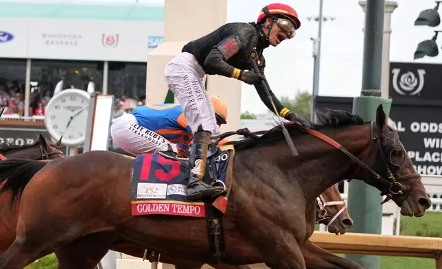 Golden Tempo (19) ridden by Jose L. Ortiz wins the 152nd running of the Kentucky Derby horse race at Churchill Downs, Saturday, May 2, 2026, in Louisville, Ky. (AP Photo/Jeff Roberson)