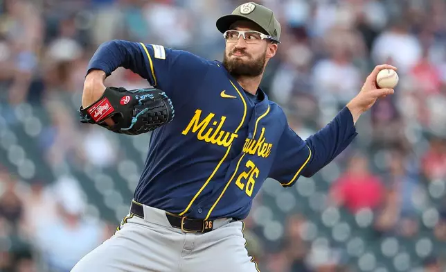Milwaukee Brewers pitcher Aaron Ashby delivers against the Minnesota Twins during the sixth inning of a baseball game, Friday, May 15, 2026, in Minneapolis. (AP Photo/Matt Krohn)