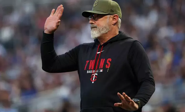 Minnesota Twins manager Derek Shelton reacts after being ejected during the eighth inning of a baseball game against the Milwaukee Brewers, Friday, May 15, 2026, in Minneapolis. (AP Photo/Matt Krohn)