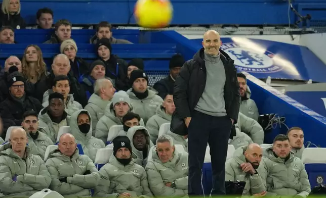 FILE - Then Chelsea's head coach Enzo Maresca stands on the sideline during the English Premier League soccer match between Chelsea and Bournemouth in London, England, Tuesday, Dec. 30, 2025. (AP Photo/Kin Cheung, File)