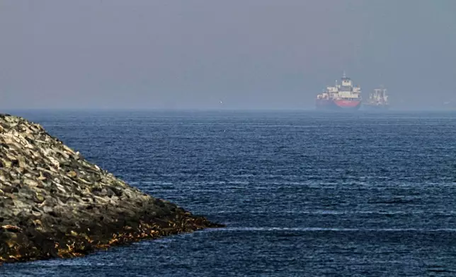 Cargo ships are seen at sea near the Strait of Hormuz, as viewed from a rocky shoreline near Khor Fakkan, United Arab Emirates, Friday, May 1, 2026. (AP Photo/Fatima Shbair)