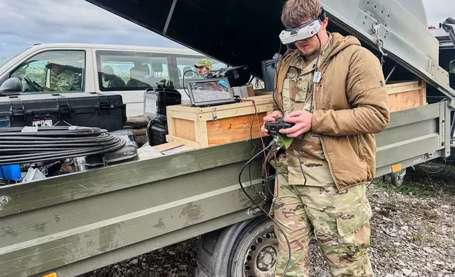 A Ukrainian drone pilot, who uses the call-sign Tarik in line with Ukrainian military regulations, flies a FPV drone during a military exercises in Gotland, Sweden, Sunday, May 10, 2026. ADDITION: adds info that Tarik is the call-sign name (AP Photo/Emma Burrows)