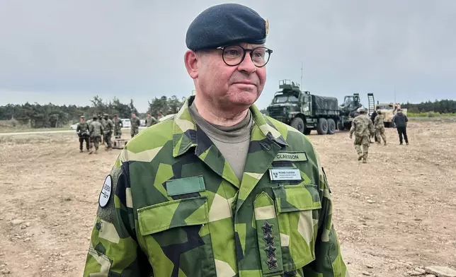 General Michael Claesson, Chief of Defense of the Swedish armed forces attends a military exercises in Gotland, Sweden, Monday, May 11, 2026. (AP Photo/Emma Burrows)