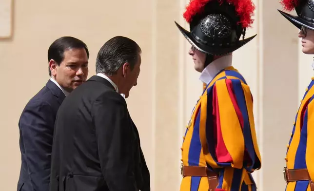 US Secretary of State Marco Rubio enters at the St. Damasus courtyard to meet with Pope Leo XIV and Vatican Secretary of State Pietro Parolin the Vatican, Thursday, May 7, 2026. (AP Photo/Andrew Medichini, Pool)