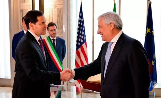 US Secretary of State Marco Rubio meets Italian Foreign Minister Antonio Tajani during his two-day visit to Italy and the Vatican, in Rome, Friday, May 8, 2026. (Stefano Rellandini/Pool Photo via AP)