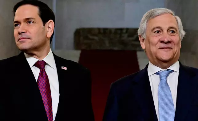US Secretary of State Marco Rubio meets Italian Foreign Minister Antonio Tajani during his two-day visit to Italy and the Vatican, in Rome, Friday, May 8, 2026. (Stefano Rellandini/Pool Photo via AP)