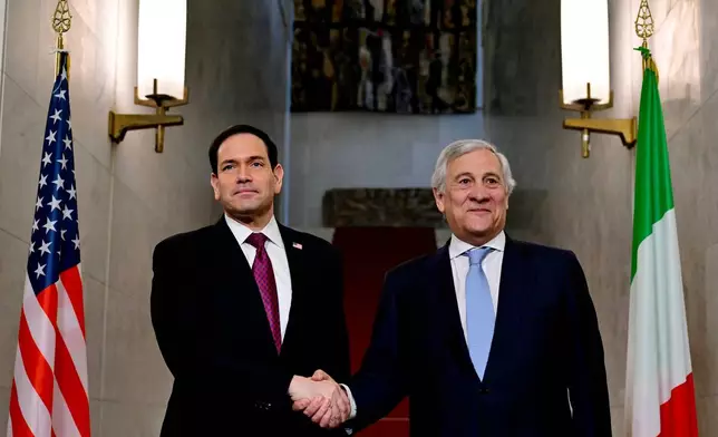 US Secretary of State Marco Rubio meets Italian Foreign Minister Antonio Tajani during his two-day visit to Italy and the Vatican, in Rome, Friday, May 8, 2026. (Stefano Rellandini/Pool Photo via AP)