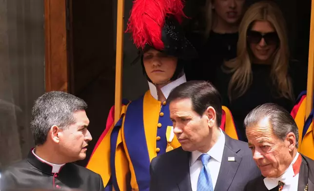 US Secretary of State Marco Rubio leaves the St. Damasus courtyard after meeting with Pope Leo XIV and Vatican Secretary of State Pietro Parolin the Vatican, Thursday, May 7, 2026. (AP Photo/Andrew Medichini, Pool)