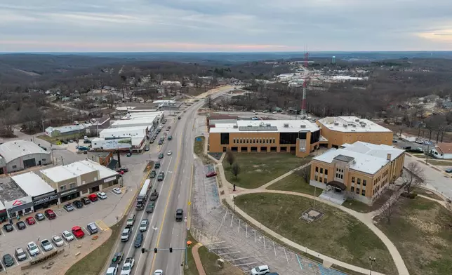 An aerial view shows the Camden County Sheriffs Department, right, on Feb. 24, 2026, in Camdenton, Mo. (AP Photo/Austin Johnson)