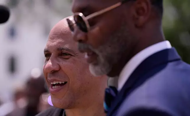 U.S. Sen Corey Booker, D-NY., has his photo taken during a voting rally, Saturday, May 16, 2026, in Montgomery, Ala. (AP Photo/Mike Stewart)