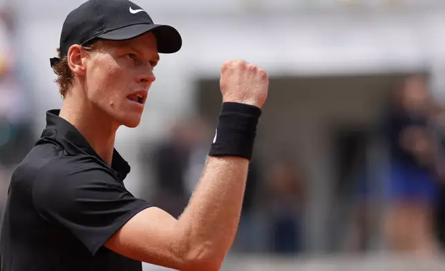 Italy's Jannik Sinner reacts after beating Andrey Rublev 6-2, 6-4, during their match at the Italian Open tennis tournament in Rome, Thursday, May 14, 2026. (AP Photo/Andrew Medichini)