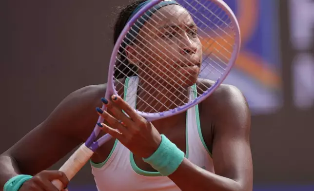 United States' Coco Gauff prepares to return the ball to Romania's Sorana Cirstea during their match at the Italian Open tennis tournament in Rome, Thursday, May 14, 2026. (AP Photo/Andrew Medichini)