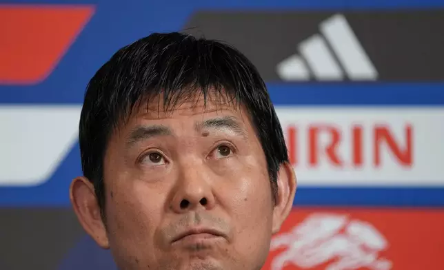 Hajime Moriyasu, head coach of Japan's national soccer team, attends a news conference announcing Japan's squad for the 2026 FIFA World Cup Friday, May 15, 2026, in Tokyo. (AP Photo/Eugene Hoshiko)