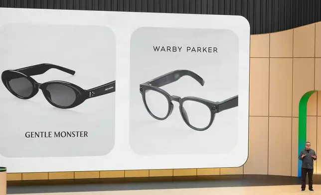 Shahram Izadi, of Android XR Platform &amp; Products, speaks about intelligent eyewear while speaking at a Google I/O event in Mountain View, Calif., Tuesday, May 19, 2026. (AP Photo/Jeff Chiu)