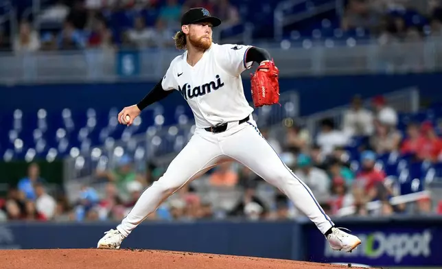 Miami Marlins pitcher Max Meyer pitches during the first inning of a baseball game against the Philadelphia Phillies, Saturday, May 2, 2026, in Miami. (AP Photo/Michael Laughlin)