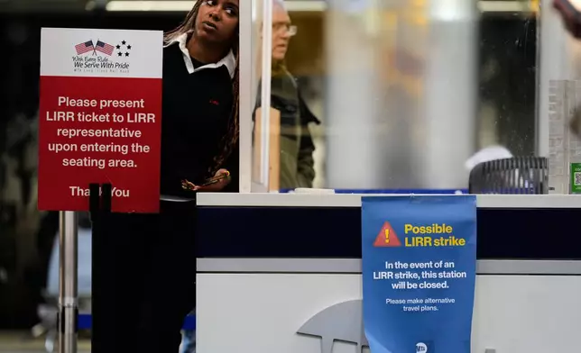 A sign warns commuters of a potential Long Island Rail Road strike at Penn Station in New York, Thursday, May 14, 2026. (AP Photo/Seth Wenig)