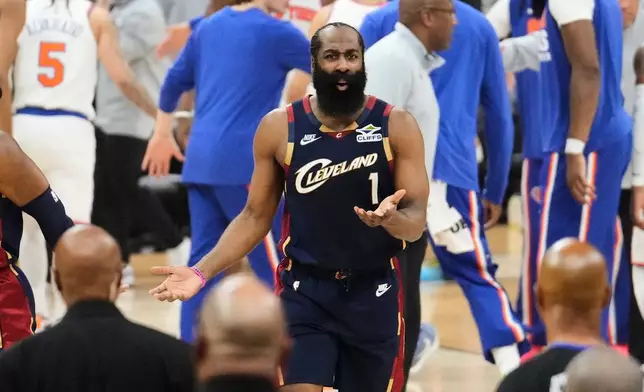 Cleveland Cavaliers guard James Harden reacts to a call during the first half of Game 4 in the Eastern Conference finals NBA basketball playoffs series against the New York Knicks in Cleveland, Monday, May 25, 2026. (AP Photo/Sue Ogrocki)
