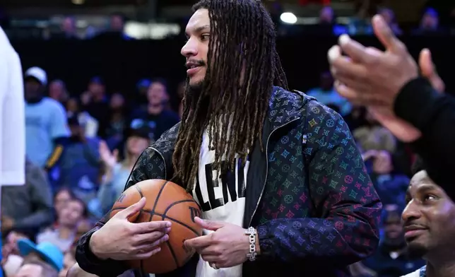 FILE - Memphis Grizzlies forward Brandon Clarke looks on from the bench in the second half of an NBA basketball game against the Minnesota Timberwolves, Feb. 3, 2026, in Memphis, Tenn. (AP Photo/Brandon Dill, File)