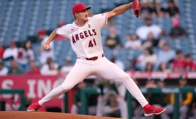 Los Angeles Angels pitcher Jack Kochanowicz throws to the plate during the first inning of a baseball game against the Athletics, Wednesday, May 20, 2026, in Anaheim, Calif. (AP Photo/Mark J. Terrill)