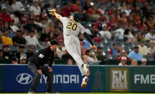 Athletics third baseman Zack Gelof can't get to a ball hit for a double by Los Angeles Angels' Jo Adell during the sixth inning of a baseball game Wednesday, May 20, 2026, in Anaheim, Calif. (AP Photo/Mark J. Terrill)