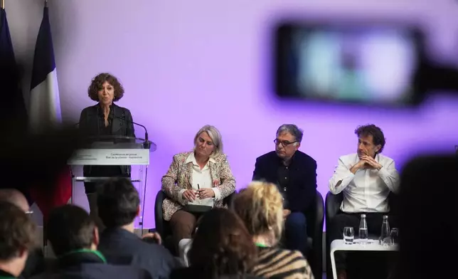 From left, Executive Director of Sante Publique France Caroline Semaille, French Health Minister Stephanie Rist, Professor of Gastroenterology and Hepatology Yazdan Yazdanpanah and infectious disease specialist Xavier Lescure attend a press conference about the situation regarding the hantavirus, in Paris, Tuesday, May 12, 2026. (AP Photo/Michel Euler)