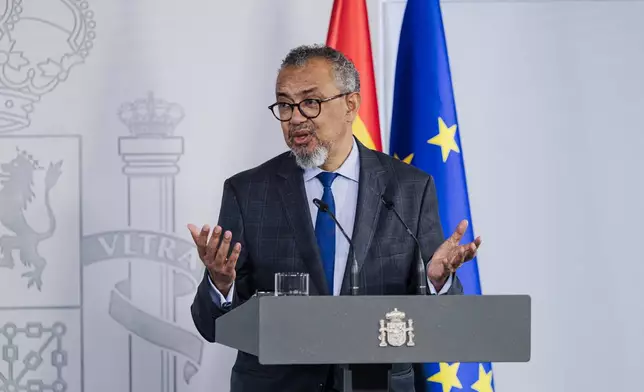 Director General of the World Health Organization (WHO) Tedros Adhanom Ghebreyesus gives a press conference at the Moncloa Palace in Madrid, Tuesday, May 12, 2026. (Carlos Luján/Europa Press via AP)