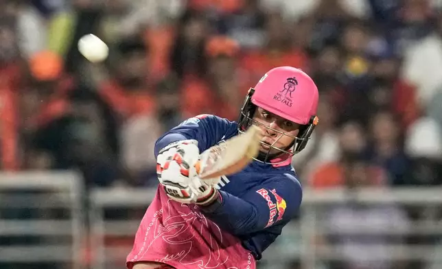 Rajasthan Royals' Vaibhav Sooryavanshi plays a shot during the Indian Premier League cricket match between Rajasthan Royals and Sunrisers Hyderabad in New Chandigarh, India, Wednesday, May 27, 2026. (AP Photo/Ashwini Bhatia)