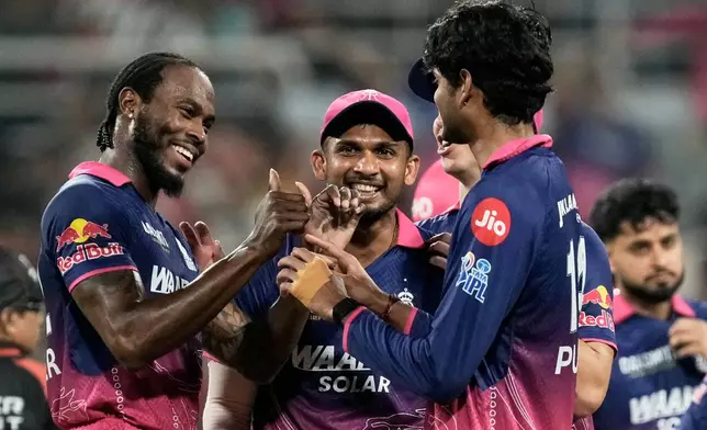 Rajasthan Royals' Jofra Archer, left, congratulates Yash Rajduring after taking the wicket of Sunrisers Hyderabad's Heinrich Klaasen the Indian Premier League cricket match between Rajasthan Royals and Sunrisers Hyderabad in New Chandigarh, India, Wednesday, May 27, 2026. (AP Photo/Ashwini Bhatia)