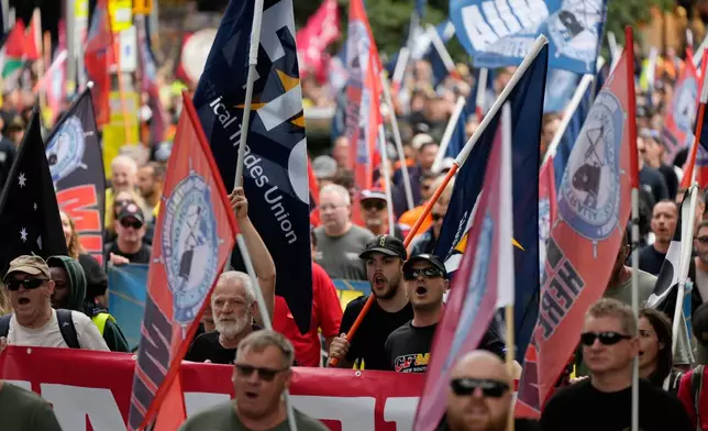 People march to mark International Workers' Day, also known as May Day, in Sydney, Friday, May 1, 2026. (AP Photo/Rick Rycroft)