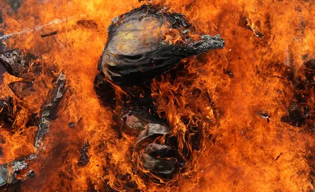 Protesters burn an effigy of U.S. President Donald Trump during a May Day rally in Manila, Philippines on Friday, May 1, 2026. (AP Photo/Aaron Favila)