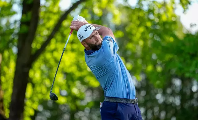 Jon Rahm, of Spain, hits from the 13th tee during the final round of the PGA Championship golf tournament at Aronimink Golf Club, Sunday, May 17, 2026, in Newtown Square, PA. (AP Photo/Frank Franklin II)