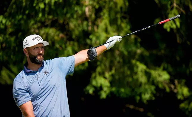 Jon Rahm, of Spain, hits from the fourth tee during the final round of the PGA Championship golf tournament at Aronimink Golf Club, Sunday, May 17, 2026, in Newtown Square, PA. (AP Photo/Frank Franklin II)