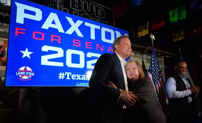 Vickie Palmer, right, hugs Texas Attorney General Ken Paxton, a Republican candidate for the U.S. Senate, at a campaign event in McKinney, Texas, Tuesday, May 19, 2026. (AP Photo/LM Otero)