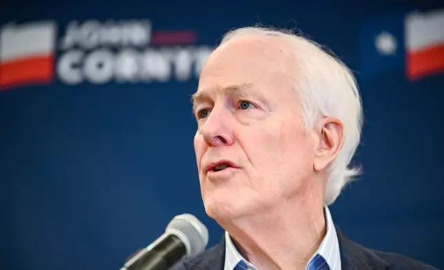 FILE - Sen. John Cornyn, R-Texas, speaks to the media, March 3, 2026, in Austin, Texas. (AP Photo/Jack Myer, File)