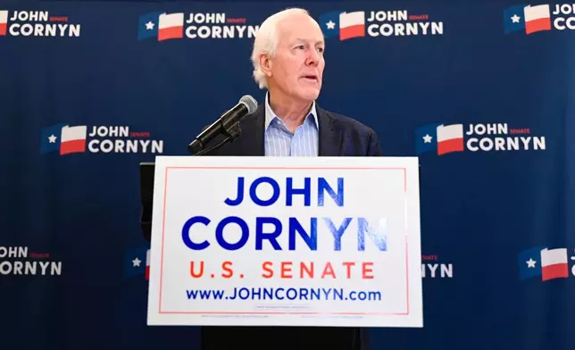 FILE - Sen. John Cornyn, R-Texas, speaks to the media, March 3, 2026, in Austin, Texas. (AP Photo/Jack Myer, File)