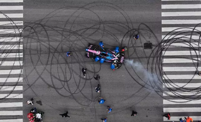 FILE - Argentine Alpine Formula 1 driver Franco Colapinto drives during a demonstration run in Buenos Aires, Argentina, Sunday, April 26, 2026. (AP Photo/Rodrigo Abd, File)