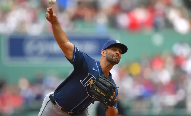 Tampa Bay Rays' Nick Martinez delivers a pitch to a Boston Red Sox batter in the first inning of a baseball game, Sunday, May 10, 2026, in Boston. (AP Photo/Steven Senne)
