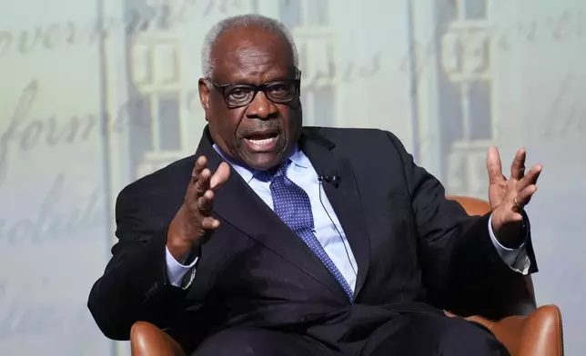 FILE - U.S. Supreme Court Associate Justice Clarence Thomas answers questions during a visit to the University of Texas at Austin, in Austin, Texas, April 15, 2026. (AP Photo/Eric Gay, File)