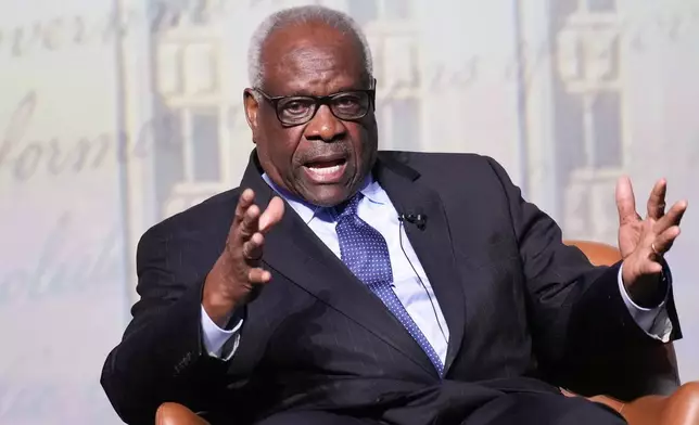 FILE - U.S. Supreme Court Associate Justice Clarence Thomas answers questions during a visit to the University of Texas at Austin, in Austin, Texas, April 15, 2026. (AP Photo/Eric Gay, File)