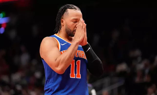New York Knicks guard Jalen Brunson (11) before Game 6 in a first-round NBA basketball playoffs series against the Atlanta Hawks Thursday, April 30, 2026, in Atlanta. (AP Photo/Brynn Anderson)
