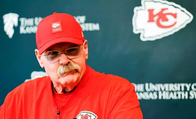 Kansas City Chiefs head coach Andy Reid reacts to a question as he meets with the media on the second day of the NFL football team's rookie minicamp in Kansas City, Mo., Saturday, May 2, 2026. (AP Photo/Colin E. Braley)